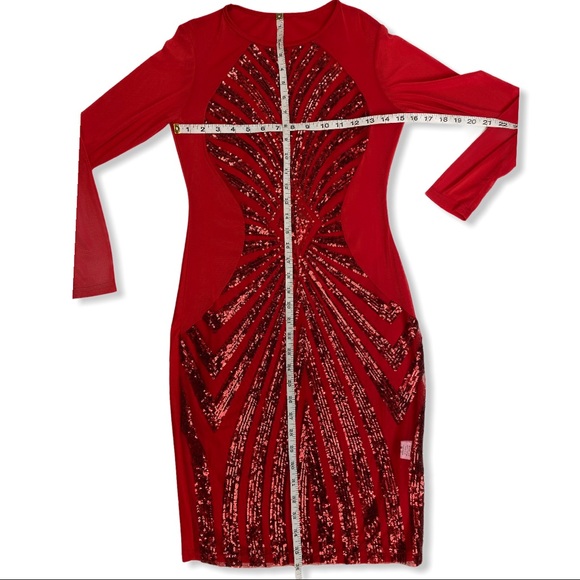 Red Sheer Mesh Geometric Bodycon Cocktail Dress - Picture 4 of 6